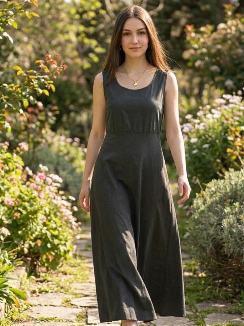 Vintage Nina Piccalino Earthy Green Women’s Modest Lagenlook Long Maxi Dress